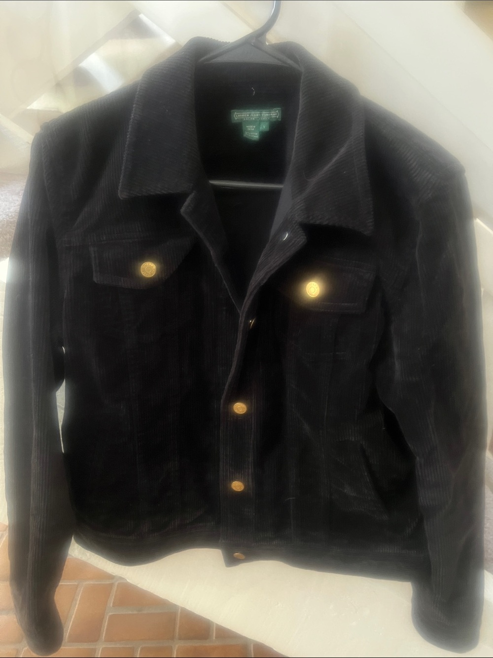 Polo by Ralph Lauren Black Corduroy Bomber Jacket with Gold Buttons L